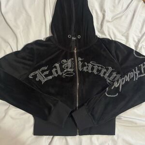 Black Ed Hardy cropped zip up sweater with rinestone details